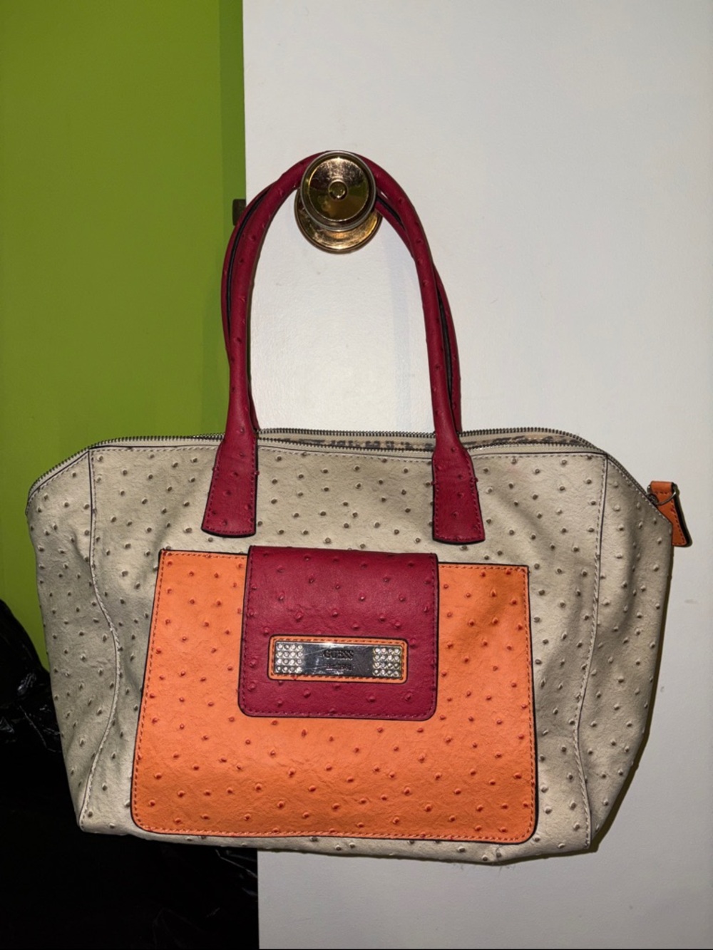Guess Cream, Orange & Pink Faux Ostrich Leather Shoulder Bag Rhinestone